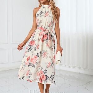 Floral Print Halter A-line Polyester Midi Dress